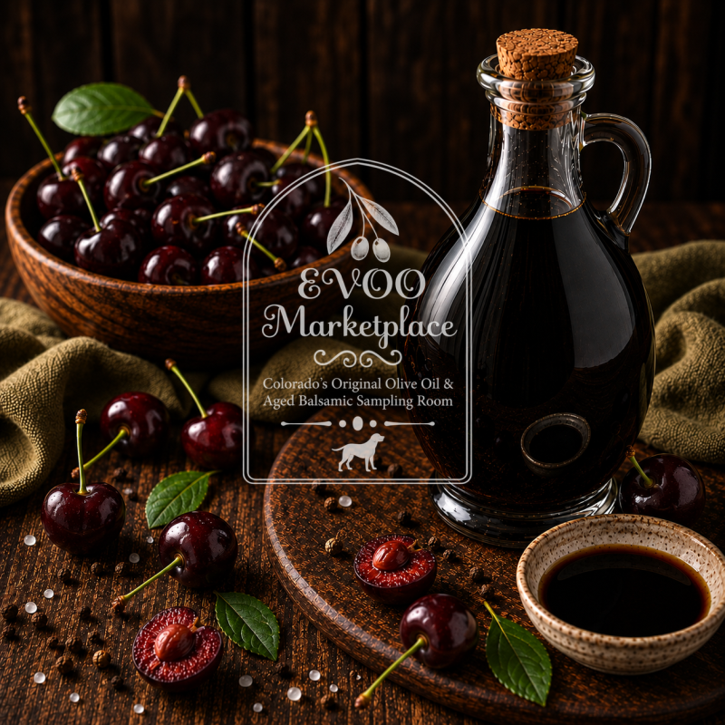 Black Cherry Dark Balsamic Vinegar bottle 375ml from EVOO Marketplace
