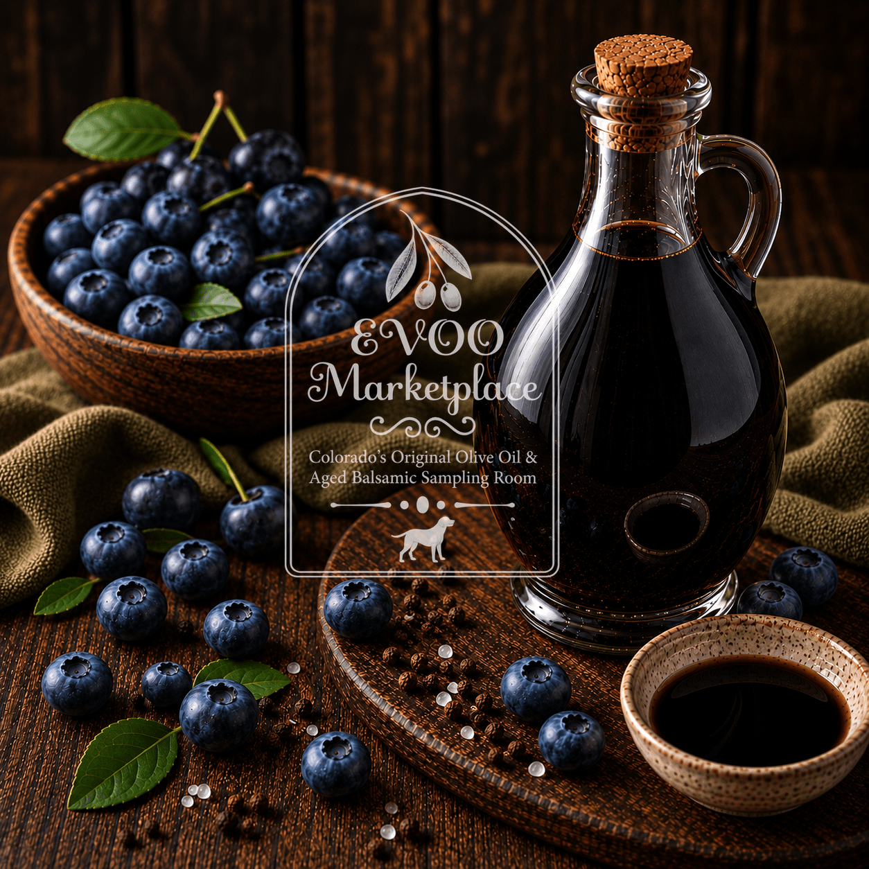 Blueberry Infused Dark Balsamic vinegar bottle – berry vinaigrette for spinach salads and yogurt bowls