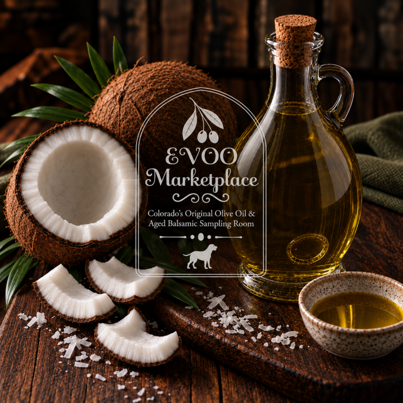 Coconut Infused White Balsamic from EVOO Marketplace with fresh coconut and barrel-aged white balsamic vinegar