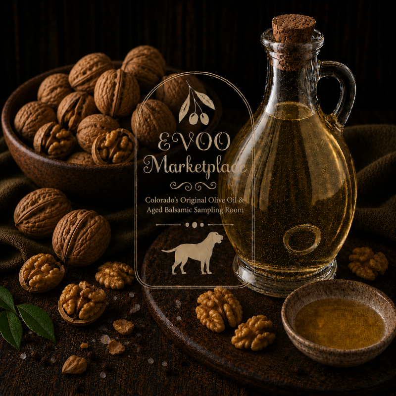 French Roasted Walnut Oil bottle from EVOO Marketplace for salads fish pasta and finishing drizzles