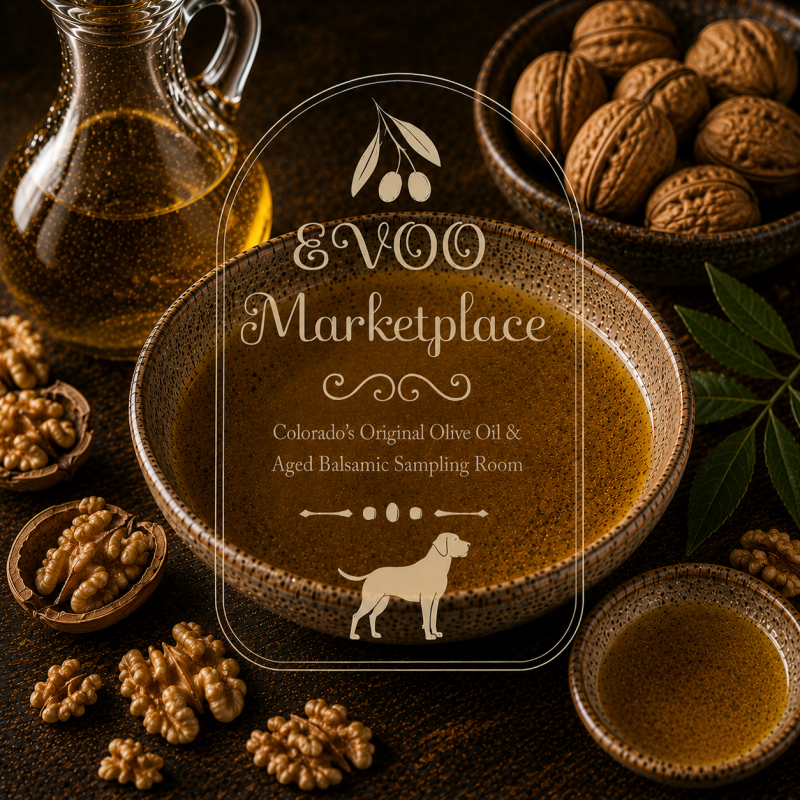 French Roasted Walnut Oil bottle from EVOO Marketplace for salads fish pasta and finishing drizzles