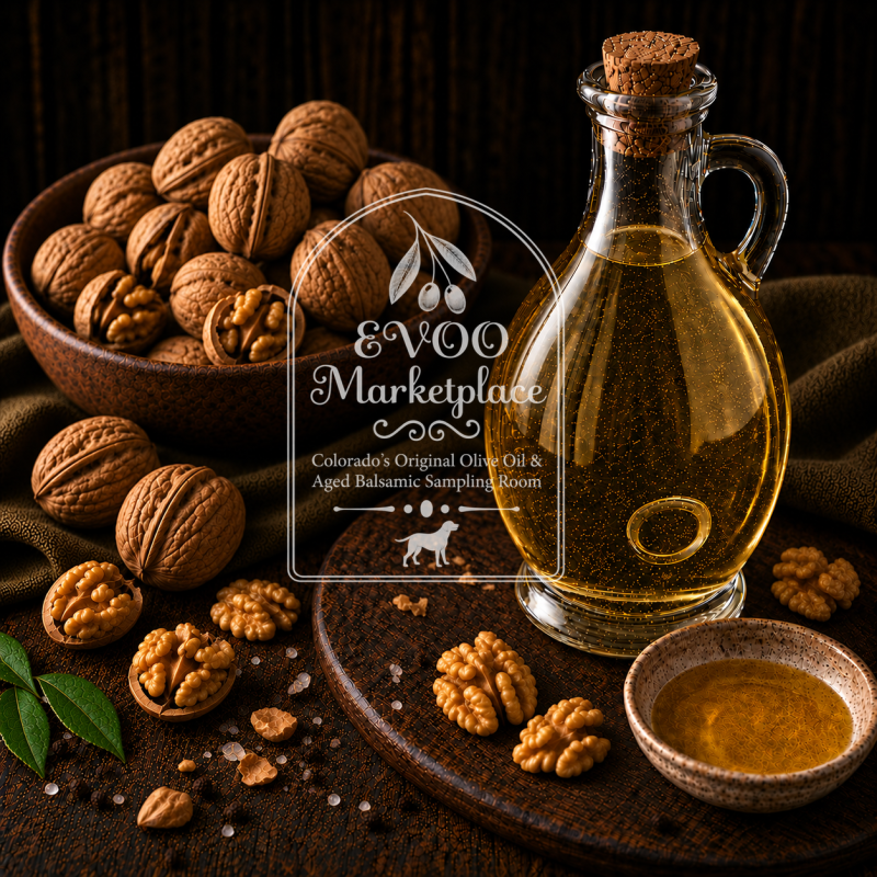 French Roasted Walnut Oil bottle from EVOO Marketplace for salads fish pasta and finishing drizzles