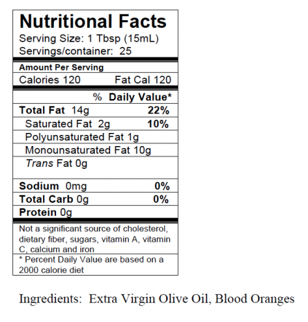 Blood Orange Fused Olive Oil Nutritional Information