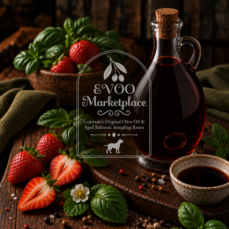Strawberry Infused Dark Balsamic from EVOO Marketplace with fresh strawberries and aged dark balsamic vinegar