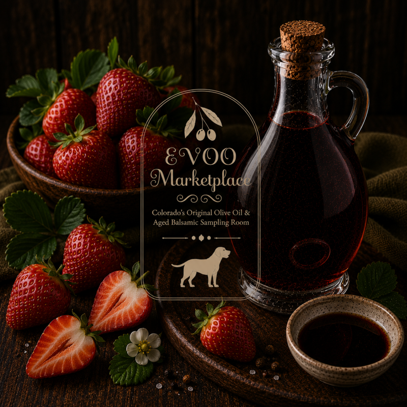 Strawberry Infused Dark Balsamic from EVOO Marketplace with fresh strawberries and aged dark balsamic vinegar