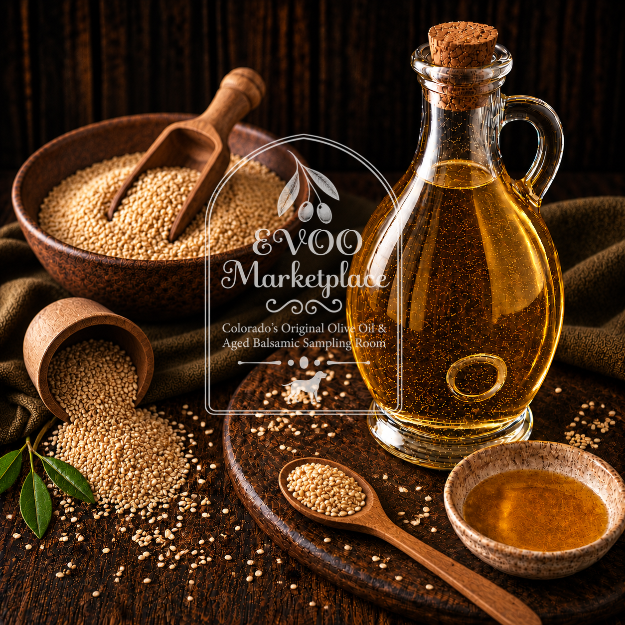 Japanese Toasted Sesame Oil bottle from EVOO Marketplace for noodles marinades seafood and vegetables