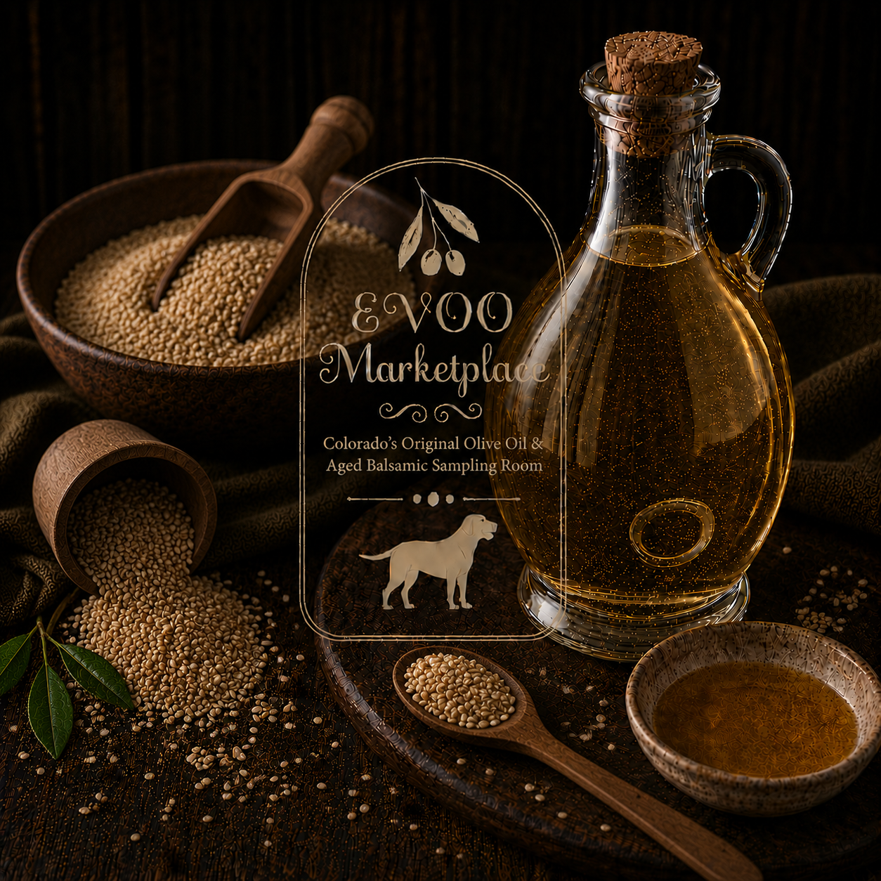 Japanese Toasted Sesame Oil bottle from EVOO Marketplace for noodles marinades seafood and vegetables