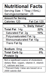 Nutrition facts label for ultra-premium extra virgin olive oil