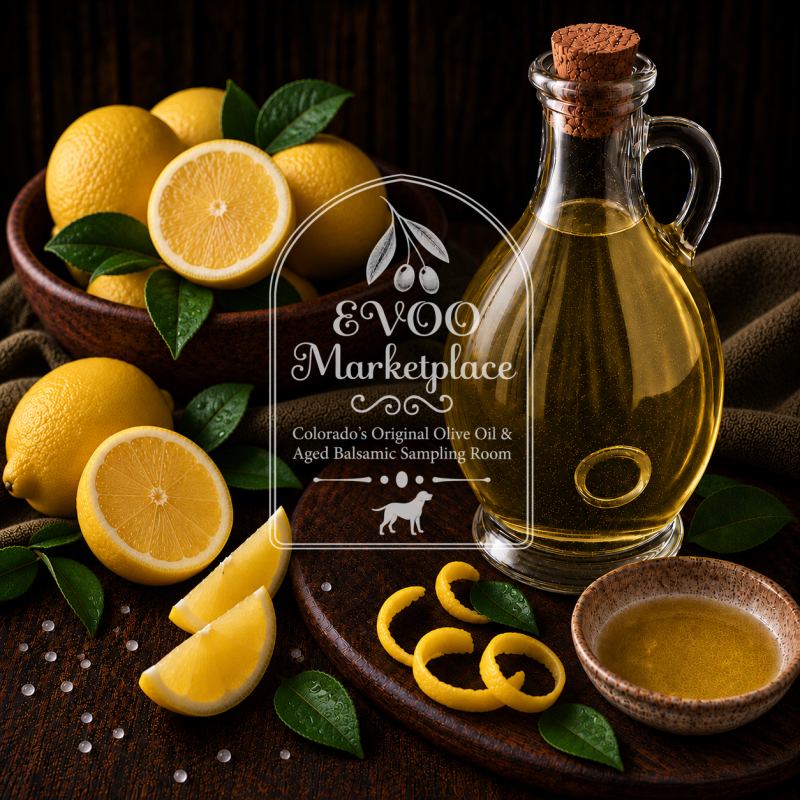 Sicilian Lemon White Balsamic vinegar bottle from EVOO Marketplace made with barrel-aged Italian grape must and natural lemon infusion