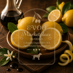 Sicilian Lemon White Balsamic vinegar bottle from EVOO Marketplace made with barrel-aged Italian grape must and natural lemon infusion