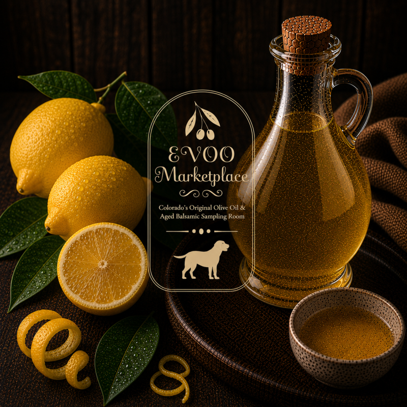 Sicilian Lemon White Balsamic vinegar bottle from EVOO Marketplace made with barrel-aged Italian grape must and natural lemon infusion