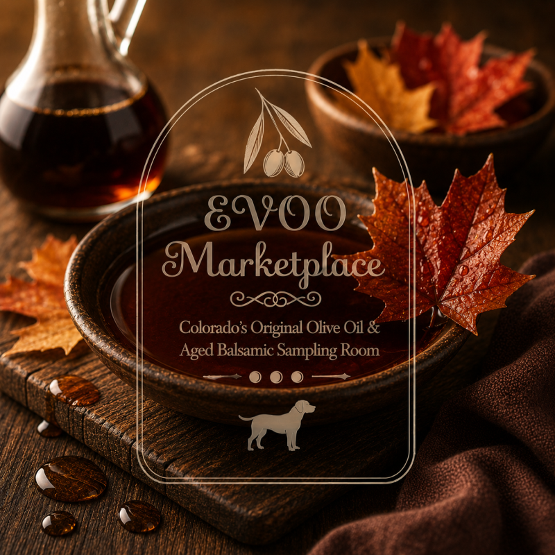 Vermont Maple Infused Dark Balsamic vinegar bottle – maple balsamic glaze for BBQ ribs and sweet potatoes