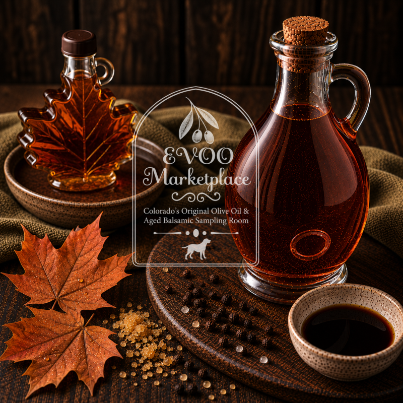Vermont Maple Infused Dark Balsamic vinegar bottle – maple balsamic glaze for BBQ ribs and sweet potatoes