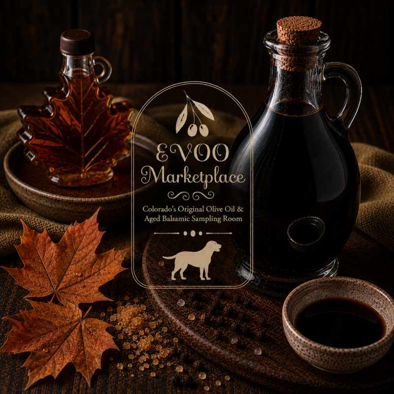 Vermont Maple Infused Dark Balsamic vinegar bottle – maple balsamic glaze for BBQ ribs and sweet potatoes