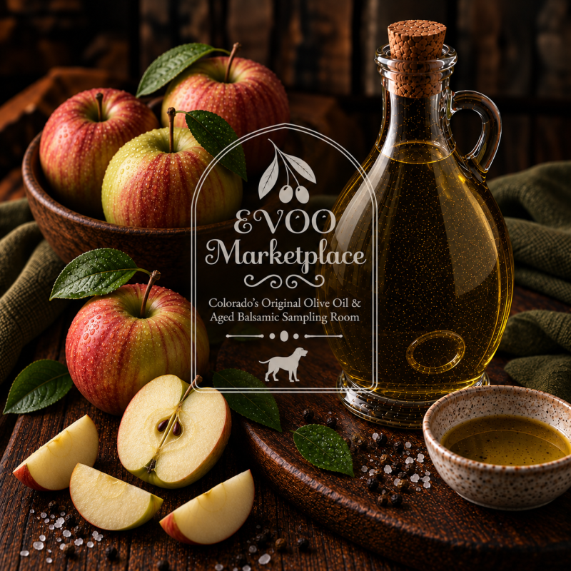 Gravenstein Apple Infused White Balsamic from EVOO Marketplace with fresh apples and aged white balsamic vinegar