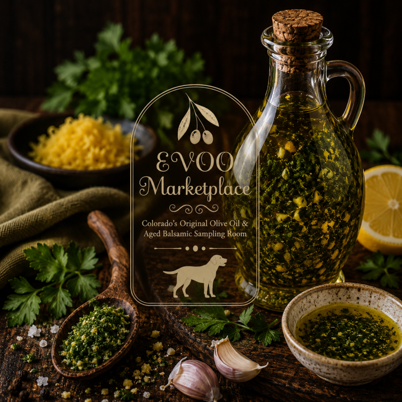 Milanese Gremolata Infused Olive Oil from EVOO Marketplace with lemon zest garlic parsley and mint flavor