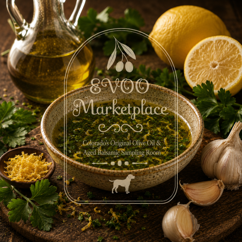 Milanese Gremolata Infused Olive Oil from EVOO Marketplace with lemon zest garlic parsley and mint flavor