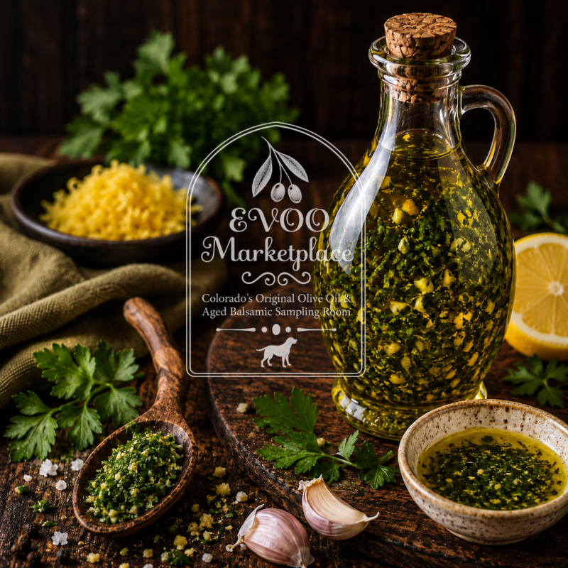 Milanese Gremolata Infused Olive Oil from EVOO Marketplace with lemon zest garlic parsley and mint flavor