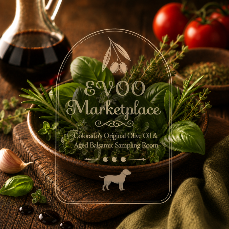 Neapolitan Herb Dark Balsamic from EVOO Marketplace for bruschetta, marinades, roasted vegetables, and bread dipping