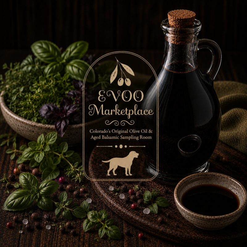 Neapolitan Herb Dark Balsamic from EVOO Marketplace for bruschetta, marinades, roasted vegetables, and bread dipping