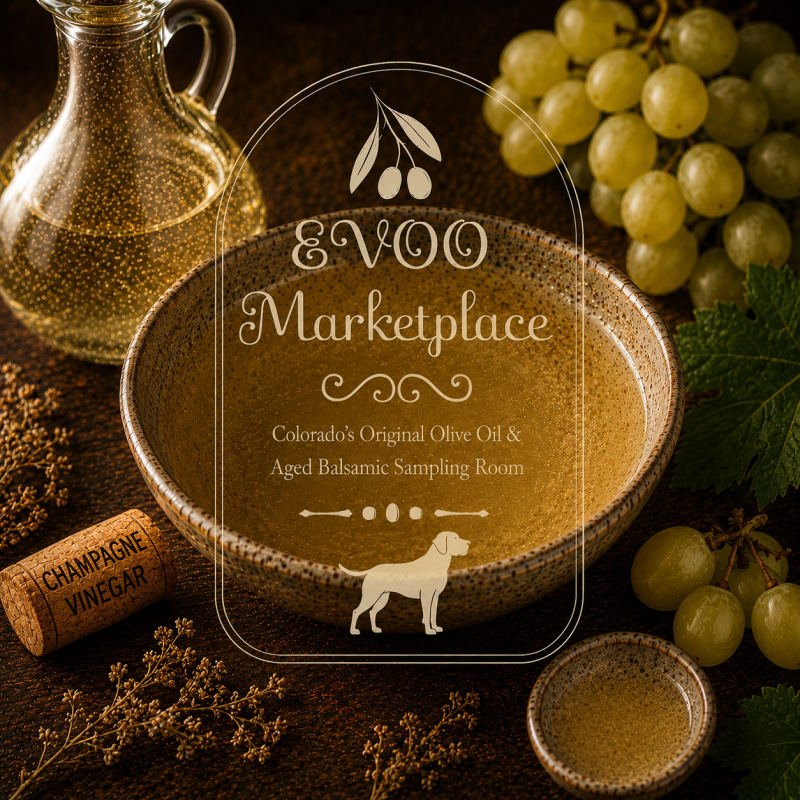 Champagne Wine Vinegar bottle from EVOO Marketplace for vinaigrettes marinades sauces and deglazing