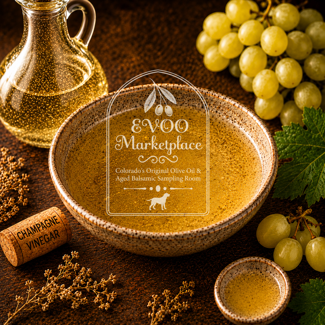 Champagne Wine Vinegar bottle from EVOO Marketplace for vinaigrettes marinades sauces and deglazing