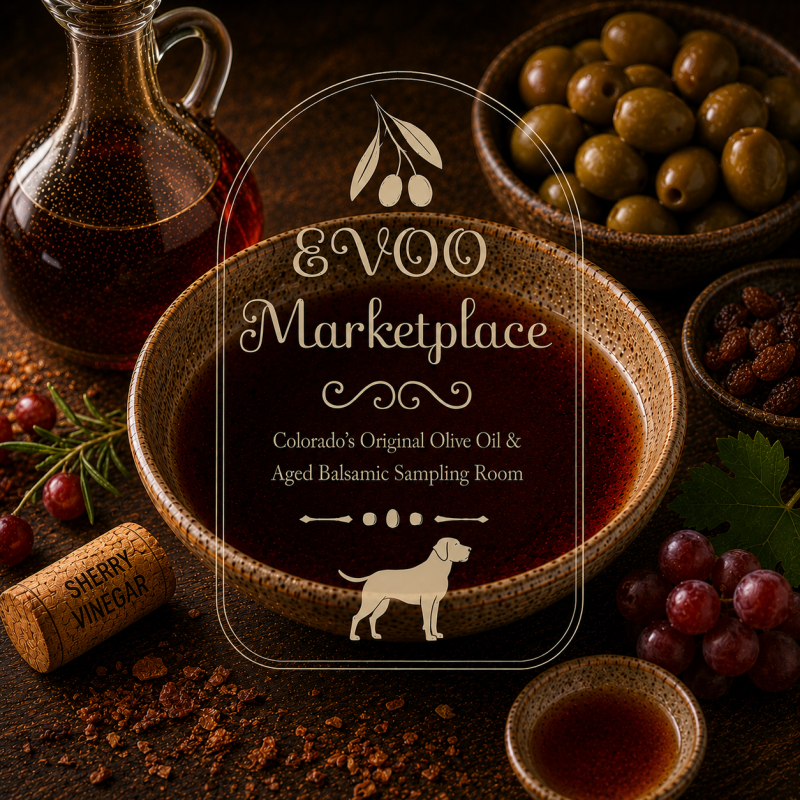 Red Barrel Aged Wine Vinegar bottle from EVOO Marketplace for vinaigrettes marinades sauces and deglazing