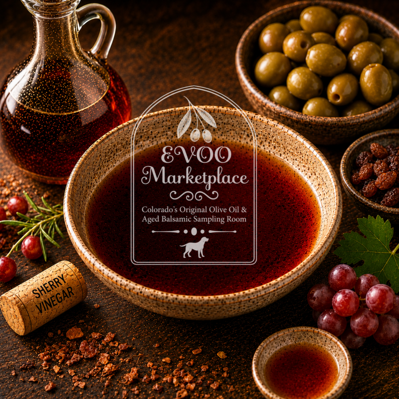 Red Barrel Aged Wine Vinegar bottle from EVOO Marketplace for vinaigrettes marinades sauces and deglazing