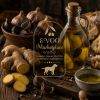 Ginger & Black Garlic Olive Oil with fresh ginger, black garlic, artisan bread and EVOO Marketplace premium infused olive oil