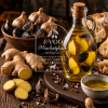 Ginger & Black Garlic Olive Oil with fresh ginger, black garlic, artisan bread and EVOO Marketplace premium infused olive oil