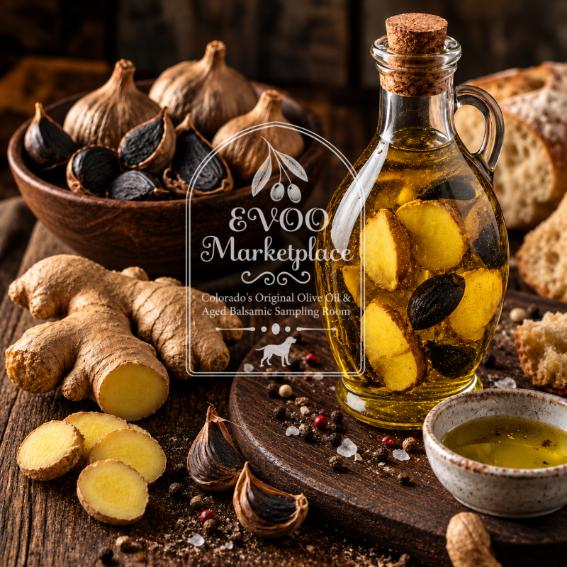 Ginger & Black Garlic Olive Oil with fresh ginger, black garlic, artisan bread and EVOO Marketplace premium infused olive oil