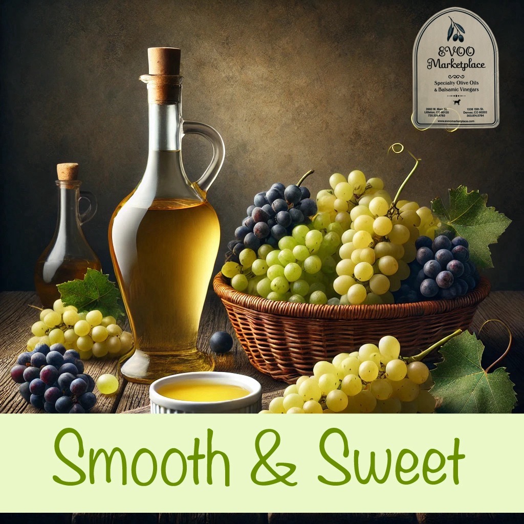 Our Ultra-Premium White Barrel Aged Italian Balsamic is made from Italian Trebbiano, Albana, and Montuni grapes, offering unmatched body and richness.