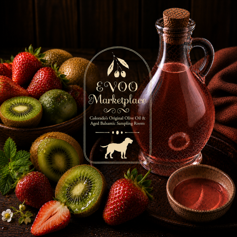 Strawberry Kiwi Rosé Balsamic vinegar bottle for salads spritzers fruit and vinaigrettes