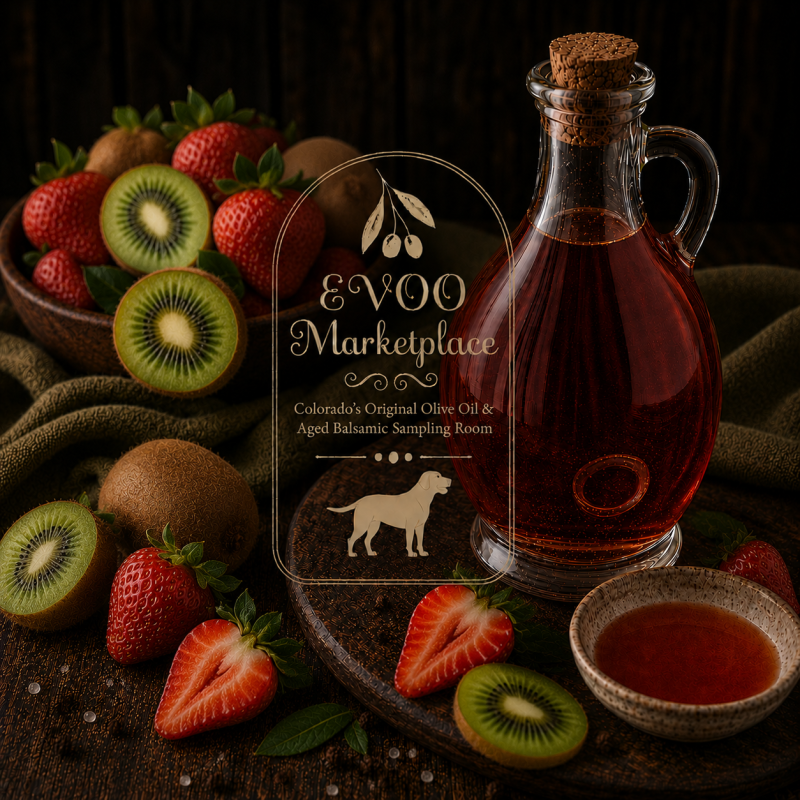 Strawberry Kiwi Rosé Balsamic vinegar bottle for salads spritzers fruit and vinaigrettes