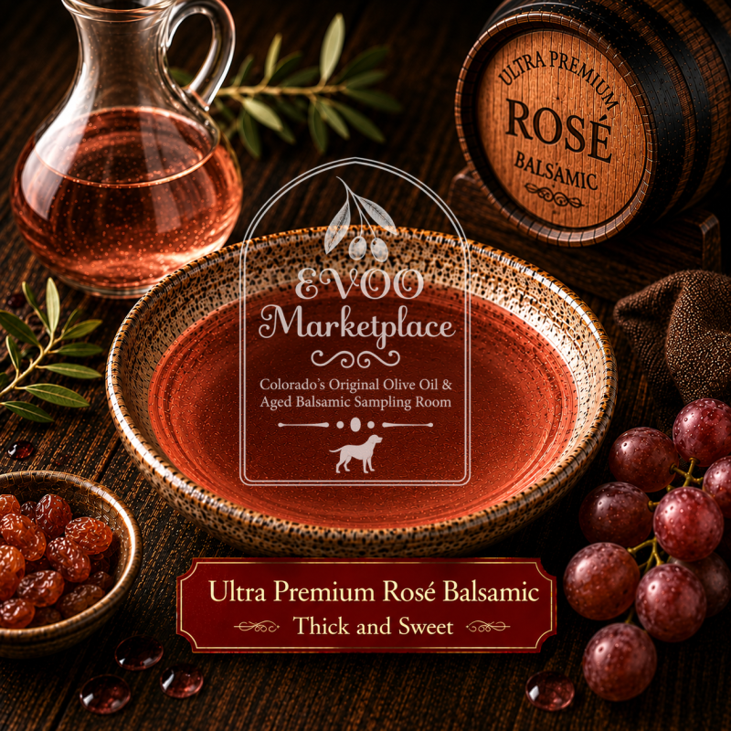 Ultra Premium Barrel Aged Rosé Balsamic vinegar drizzled over fresh berries and yogurt
