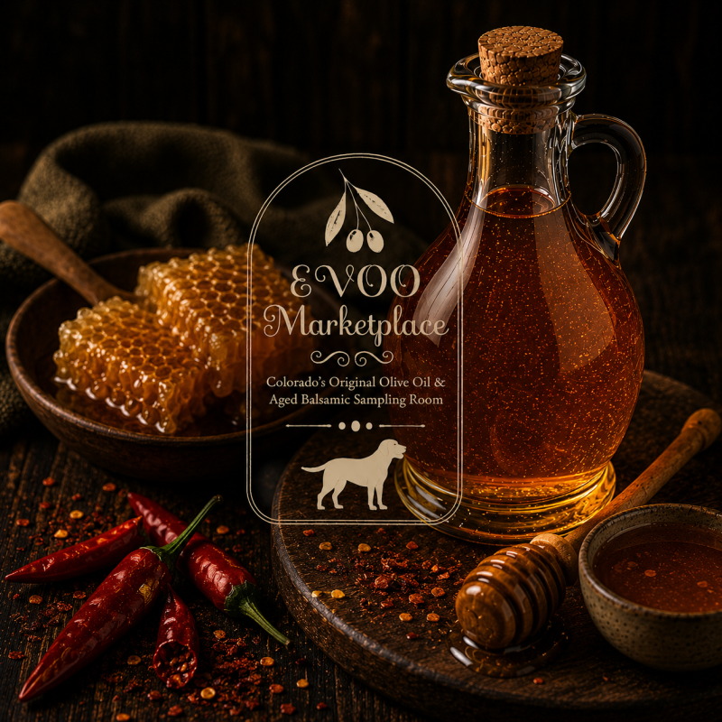 Hot Honey Vinegar from Italy by EVOO Marketplace specialty vinegar with golden honey sweetness and Calabrian chili heat