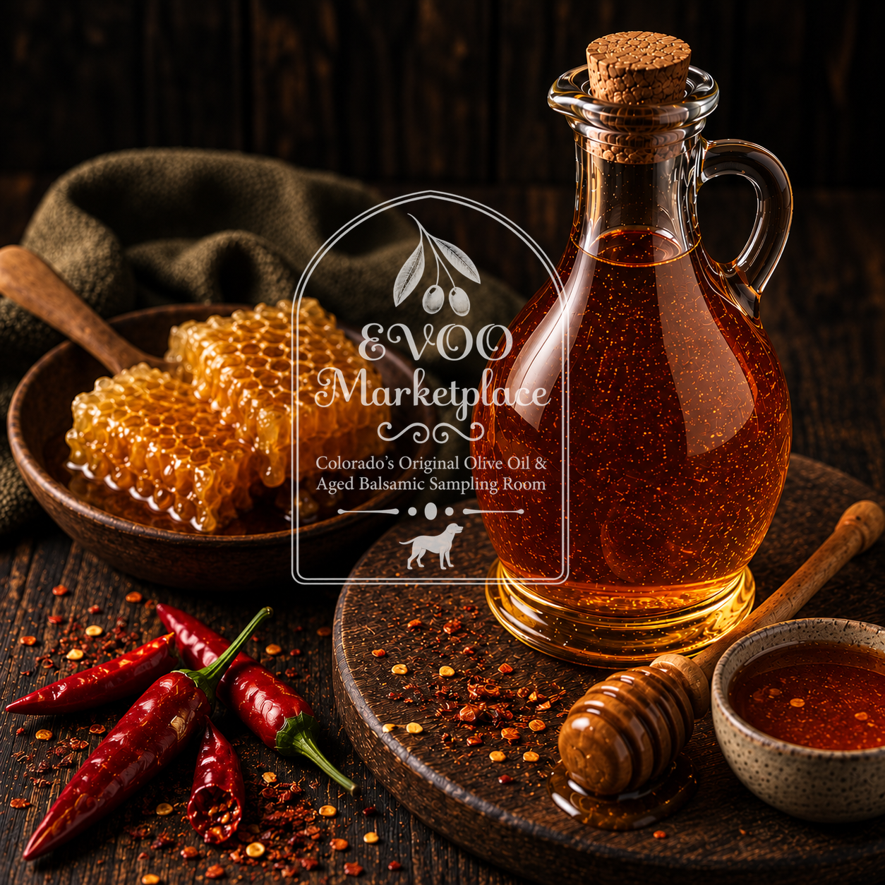 Hot Honey Vinegar from Italy by EVOO Marketplace specialty vinegar with golden honey sweetness and Calabrian chili heat